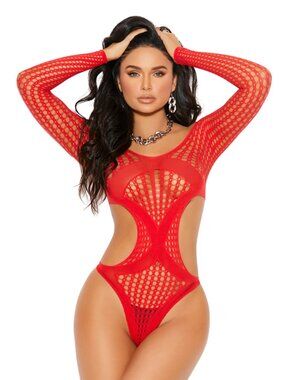 Red Long Sleeve Fishnet Teddy Cut Out Sides Scoop Neck Bodysuit